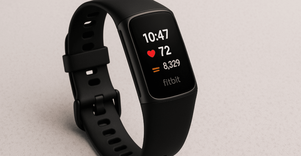 A close-up of a black Fitbit Charge 6 fitness tracker on a light gray background, displaying the time, heart rate, and step count.