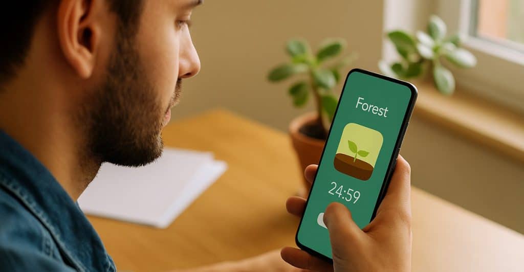 A person holding a smartphone displaying the Forest app, showing a timer and a virtual tree.