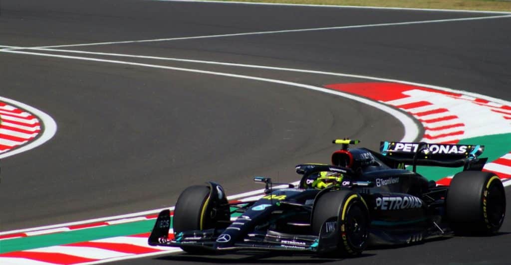 Formula 1 race car speeding down a track.