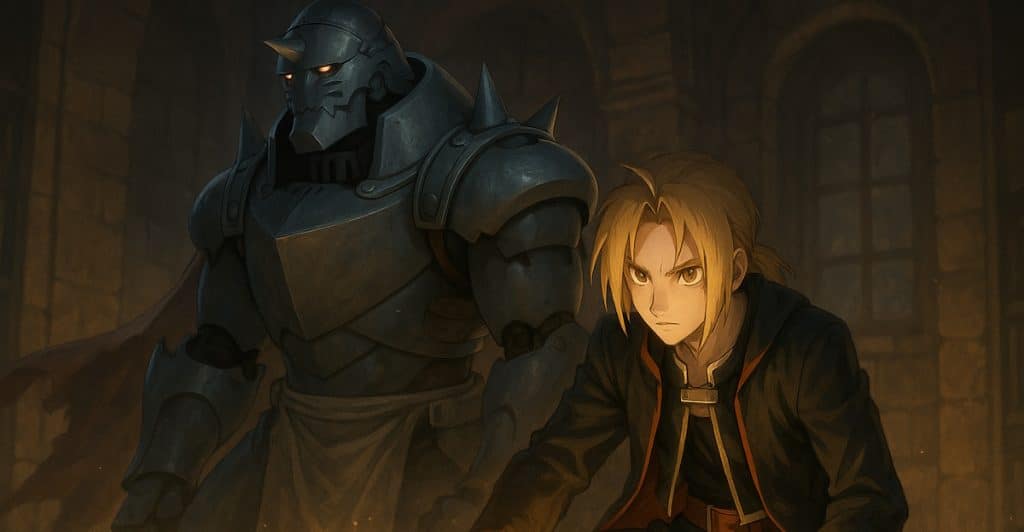Two characters, one with blond hair and the other in armor, standing over a glowing alchemic circle.