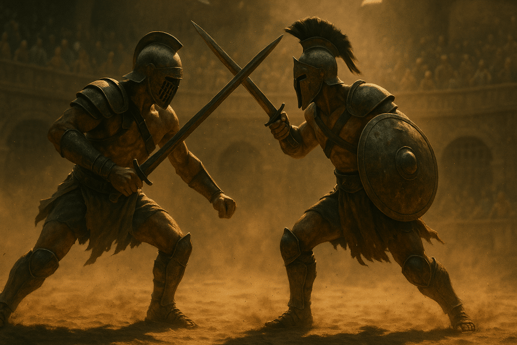 Two gladiators fighting in an arena.