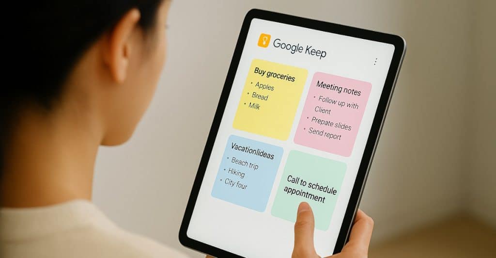 A person holding a tablet displaying the Google Keep app with colorful notes.