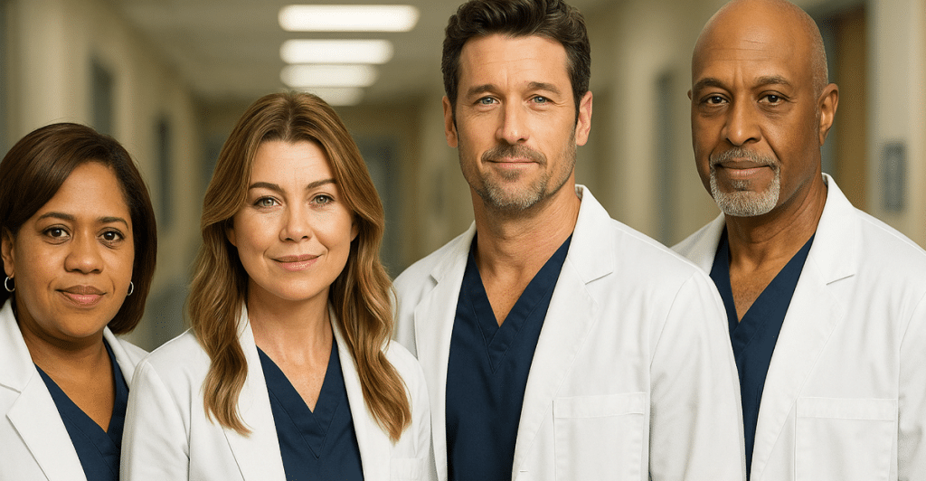 Four doctors from "Grey's Anatomy" in white coats.