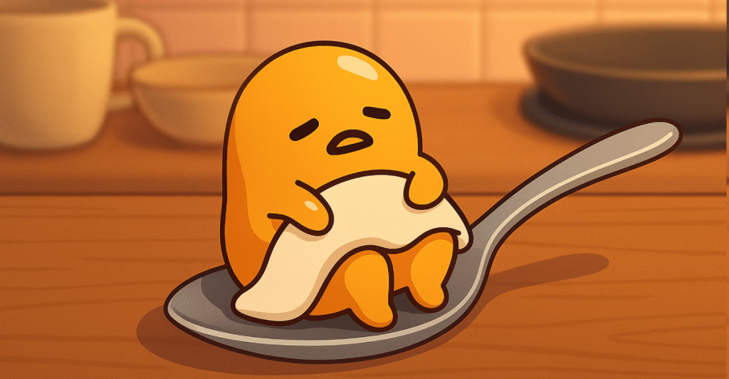 A yellow, egg-like character with a face, lying on a silver spoon and holding a white blanket.