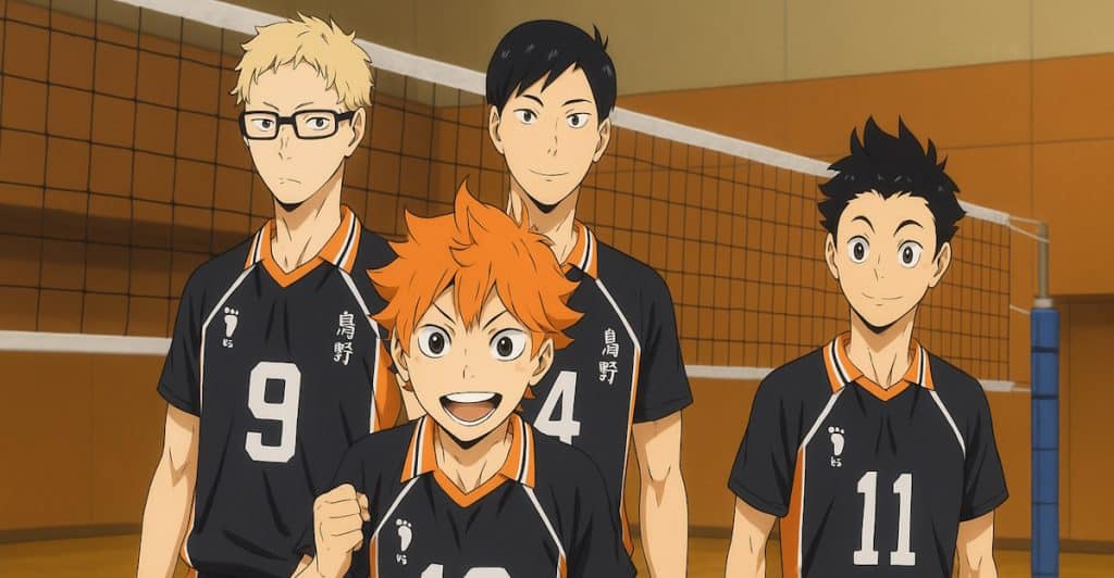 Four anime characters wearing volleyball uniforms, standing in front of a volleyball net.