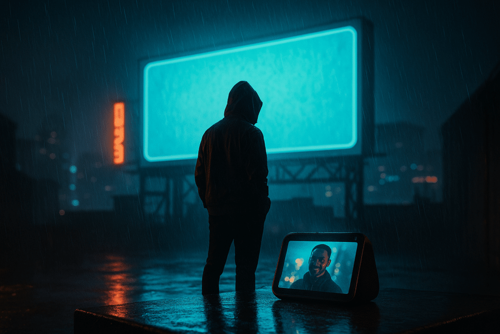 A lone figure in a hooded sweatshirt stands in a dark, rainy urban setting, facing away from the viewer, with a glowing billboard in the background and a smaller screen showing a close-up portrait of a man.