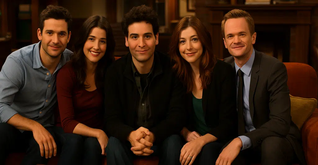 The cast of "How I Met Your Mother" sitting together on a couch.