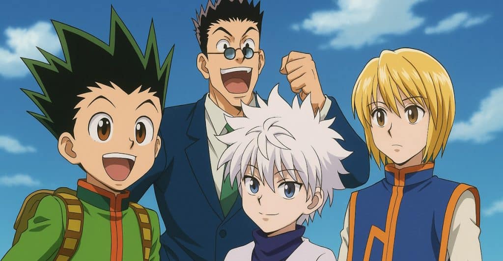 Four anime characters with distinct appearances, smiling against a blue sky.