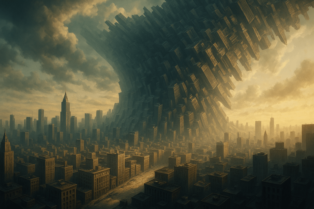  A city bending and twisting in on itself.