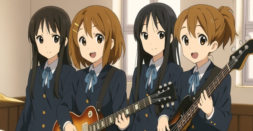 Four anime high school characters holding guitars and other instruments.