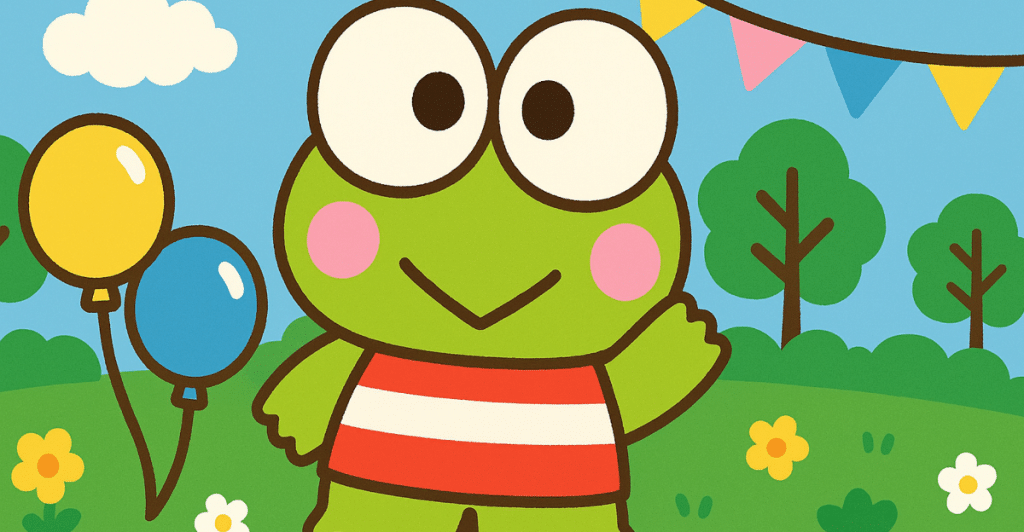 A cheerful illustration of Keroppi waving, with balloons, flowers, and a blue sky background.