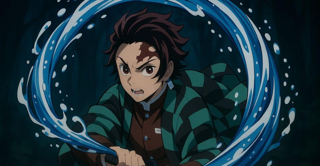 A character with dark red hair and a green and black checkered robe, wielding a sword with a water effect.