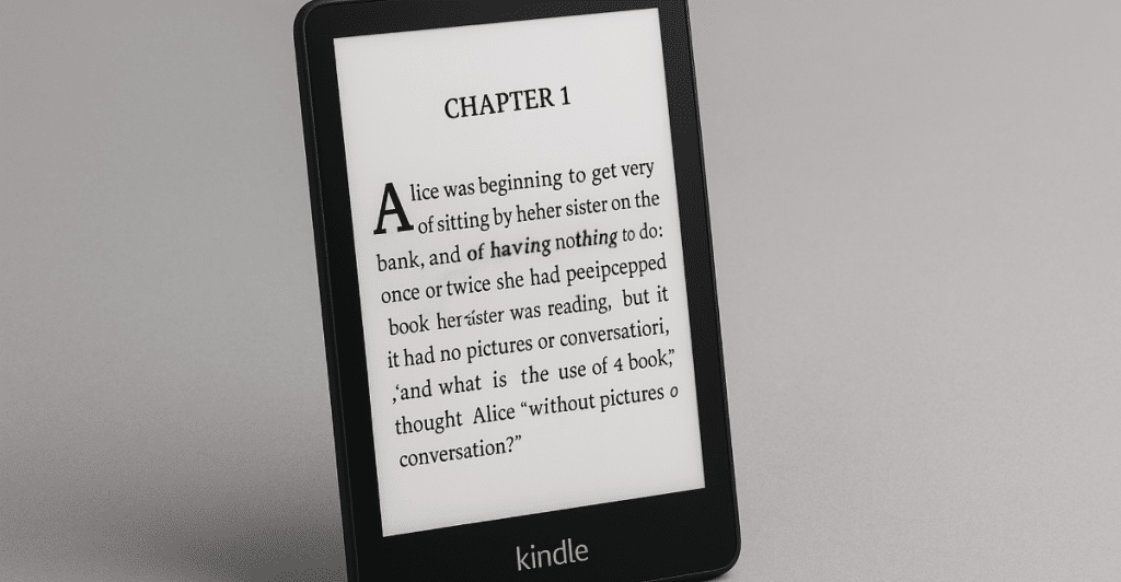 A front view of a black Kindle Paperwhite displaying text from a book, on a gray background.