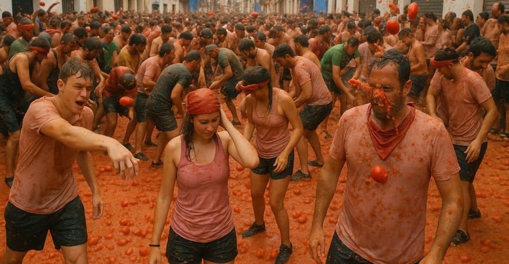 People throwing tomatoes at each other during La Tomatina.