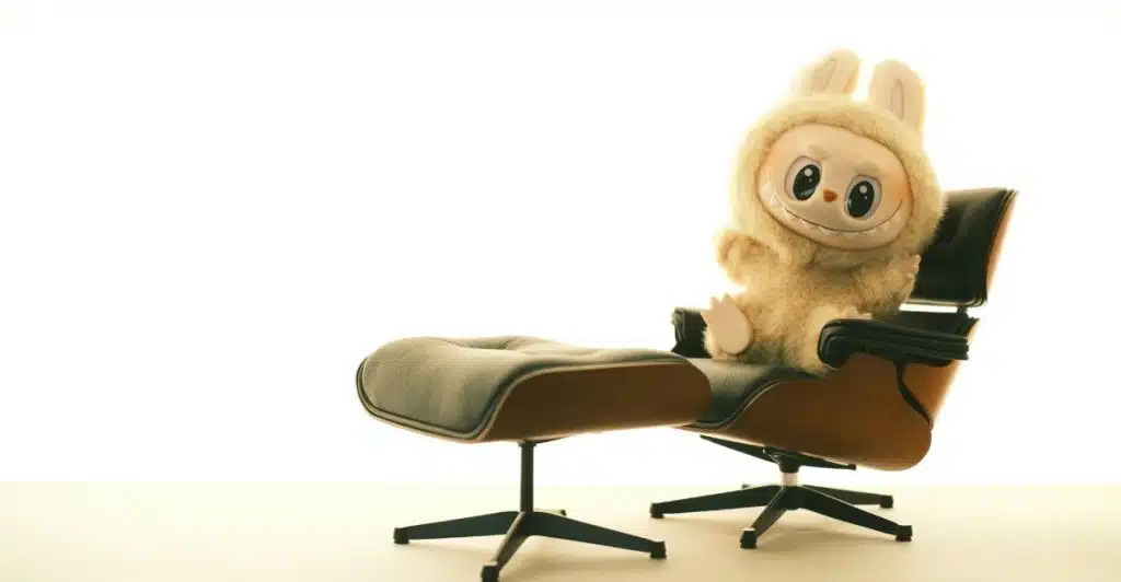 A light-furred, rabbit-like figurine with large eyes, wearing a hooded outfit, sitting in a modern armchair with an ottoman, against a white background.