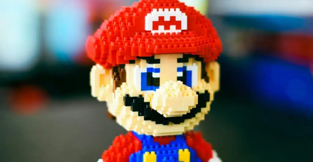 A close-up shot of a Lego figure of the character Mario.
