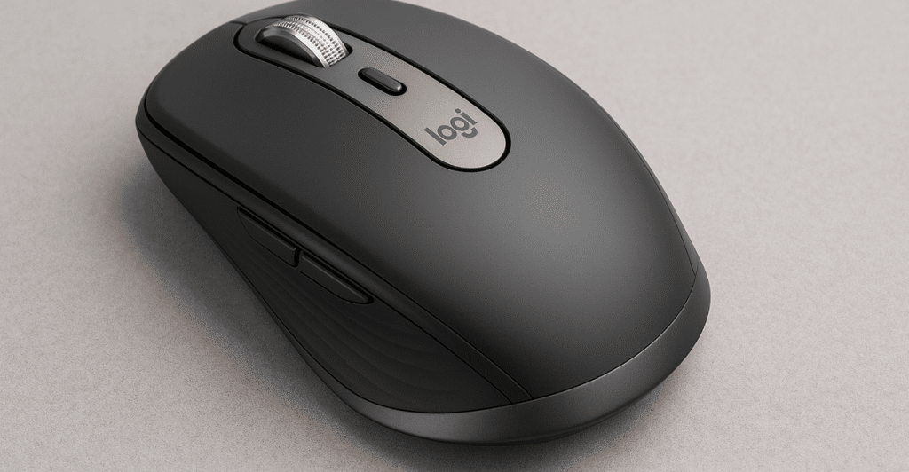 An angled top-down view of a dark gray Logitech MX Anywhere 3 mouse on a gray background.