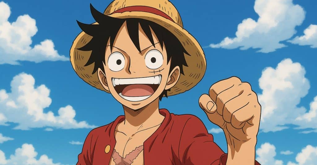 A male character with a straw hat, red vest, and a scar on his chest, smiling against a blue sky.