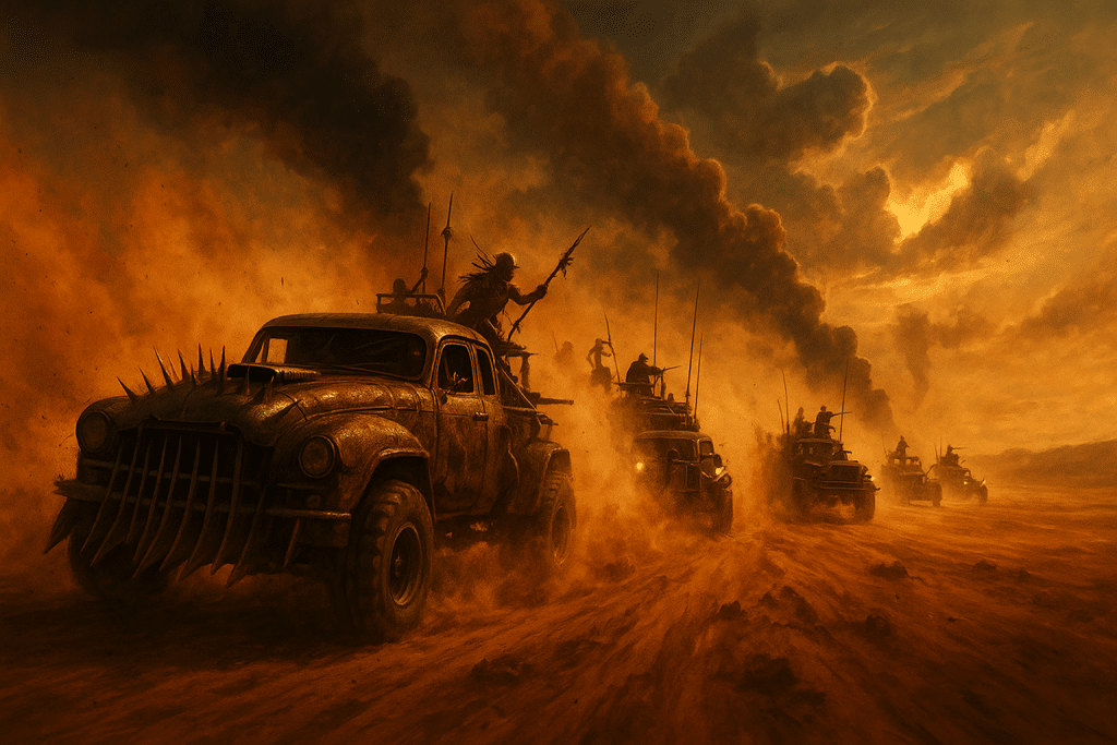 Vehicles driving through a desert landscape with a fiery sky.