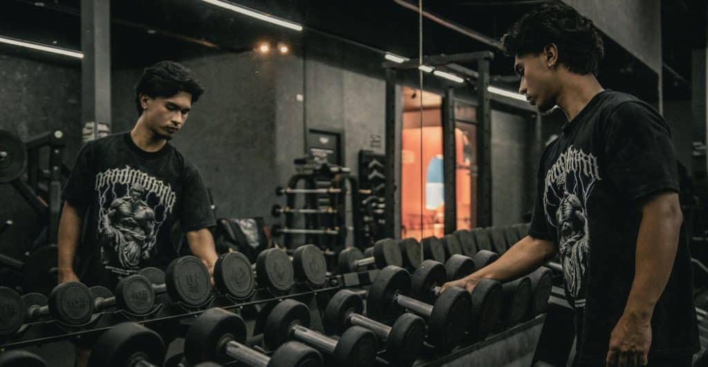 A man with dark hair, wearing a black t-shirt, selecting a dumbbell from a rack in a gym with a mirror showing his reflection.