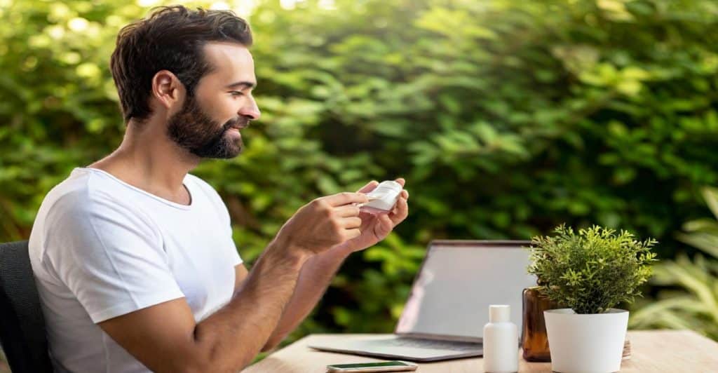 A man with a beard is looking at a small container of product while sitting at a table outdoors with a laptop.