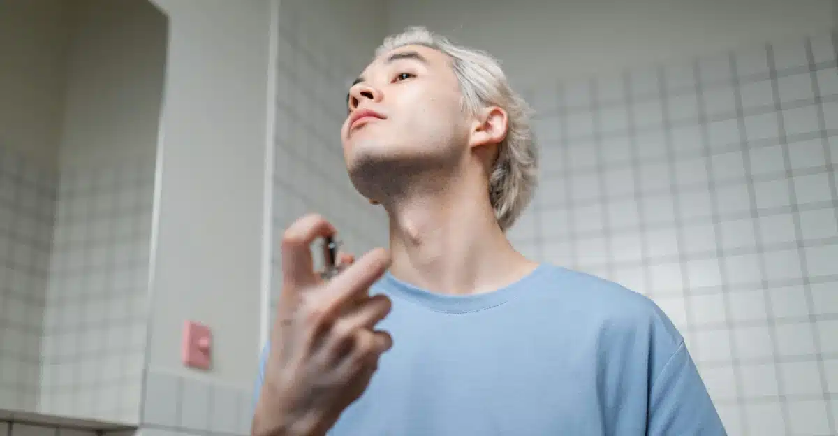 A man spraying fragrance on his neck while looking in a mirror.