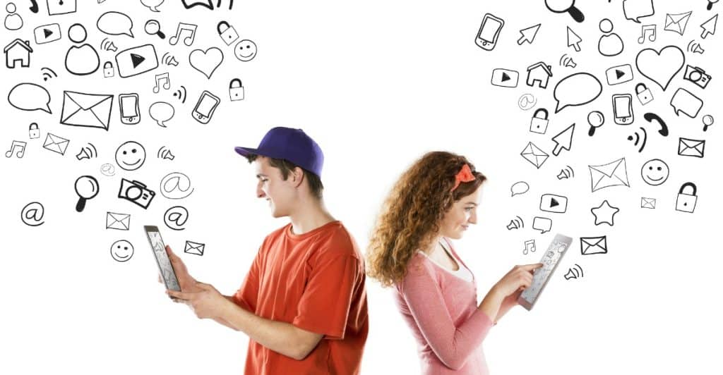 A stylized illustration of two people standing back-to-back using tablets, surrounded by icons representing various forms of digital communication and content.