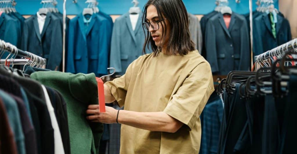 A person with long dark hair and glasses is looking at clothes on hangers in a store