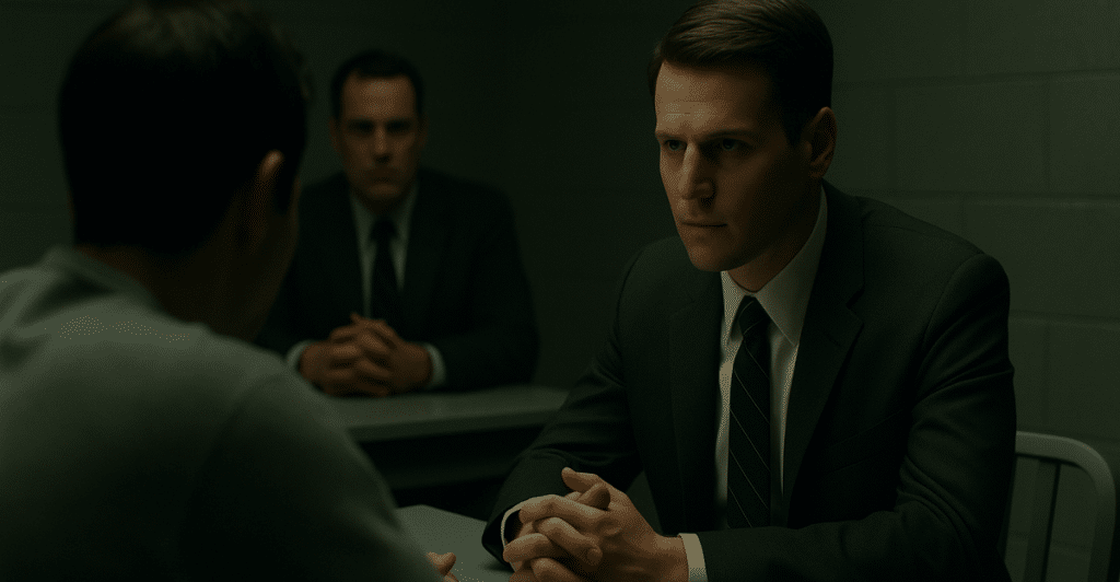 Three men in suits in an interview room from "Mindhunter" TV Show.