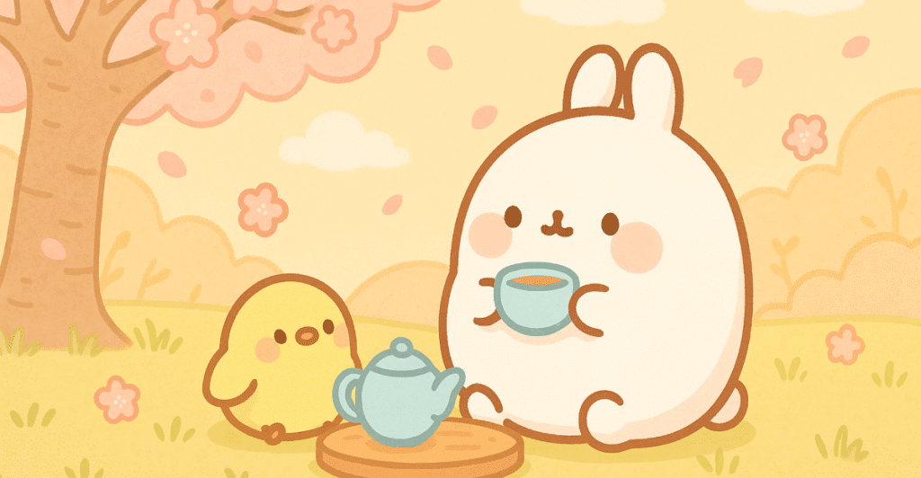 An illustration of Molang and a chick enjoying tea under a cherry blossom tree, with a soft, pastel color palette.