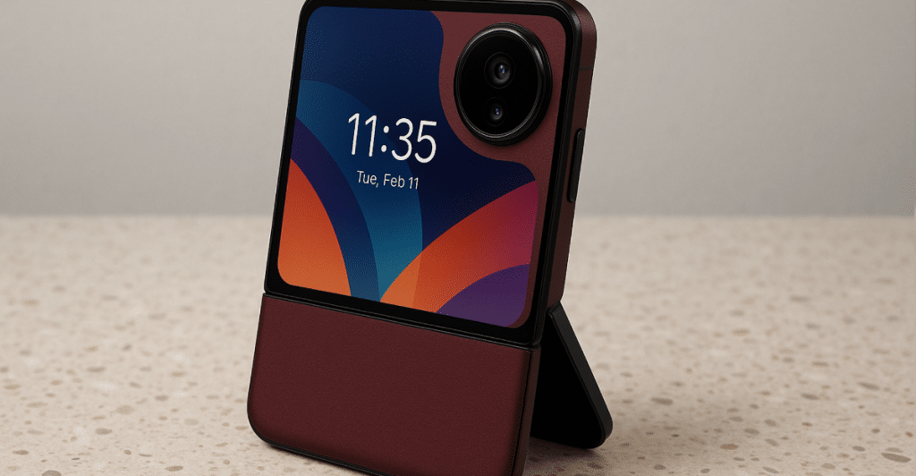The Motorola Razr Ultra 2025 in a semi-folded position, showcasing its compact design.