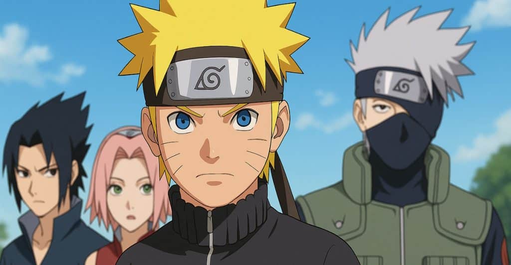 Four characters, one with yellow hair and a black and orange jacket, standing in a line.