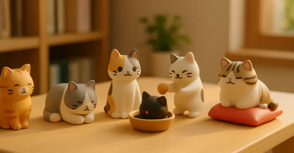  A collection of Neko Atsume cat figurines posed on a wooden table, with a bookshelf and window in the background.