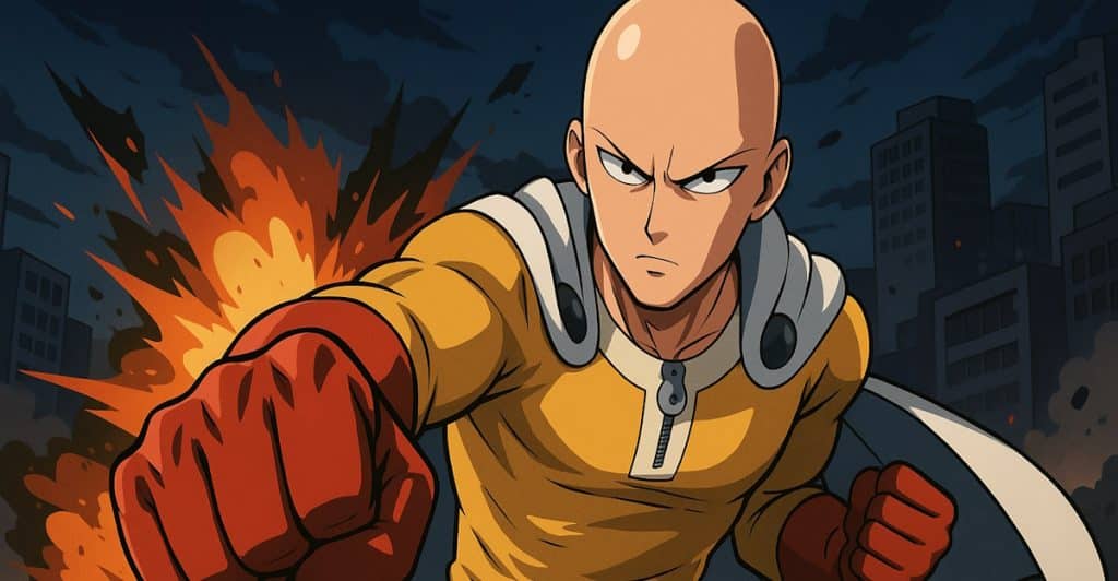 A bald superhero with red gloves and a yellow suit, clenching his fist.