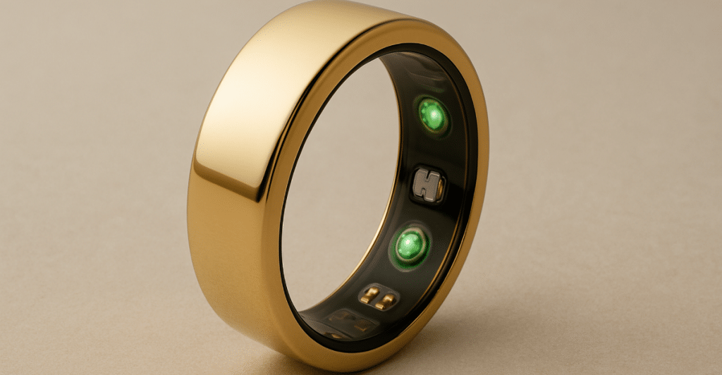 A close-up of a gold-colored Oura Ring Gen 3 on a beige background, showing its sensors