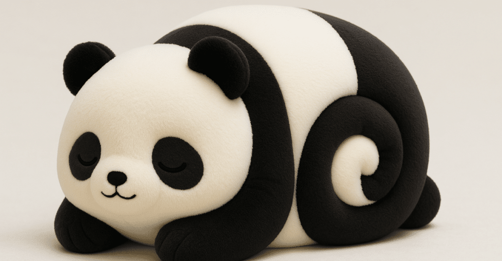 A close-up of a curled-up Panda Roll plush toy with its eyes closed, against a plain background.
