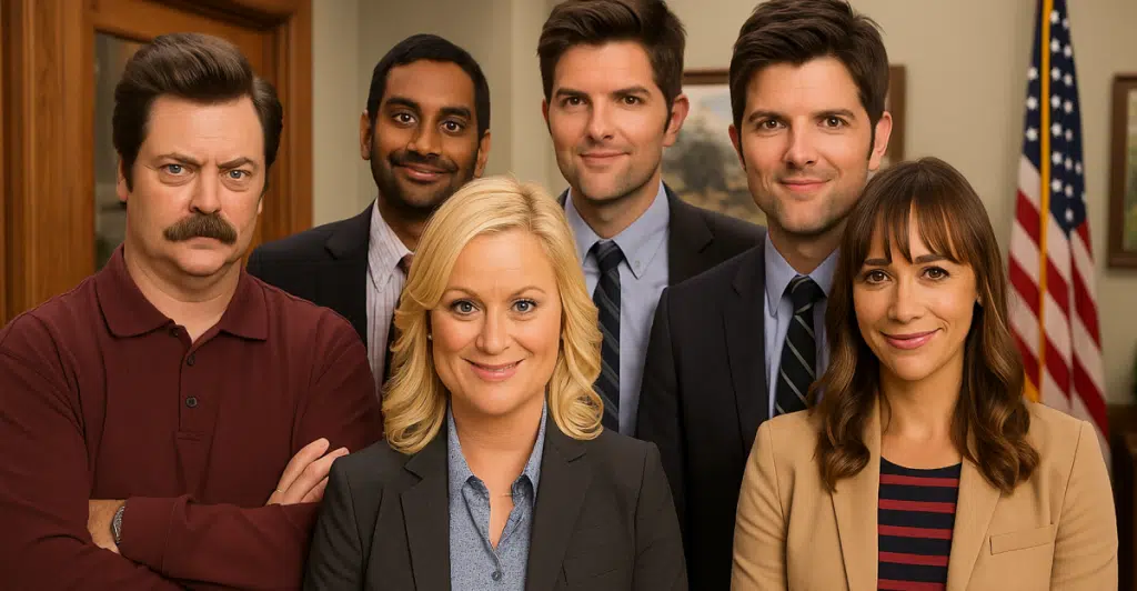 The cast of "Parks and Recreation" posing for a group photo.