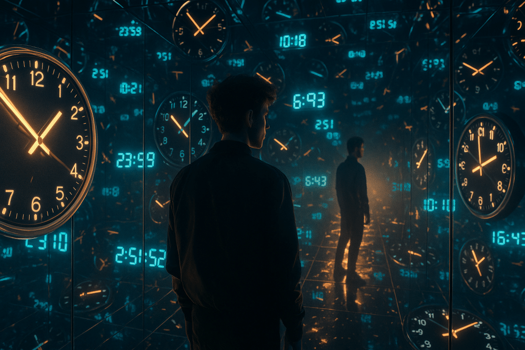 A person standing in a room filled with clocks of various sizes and styles, all showing different times, with reflections of the person visible in the background.