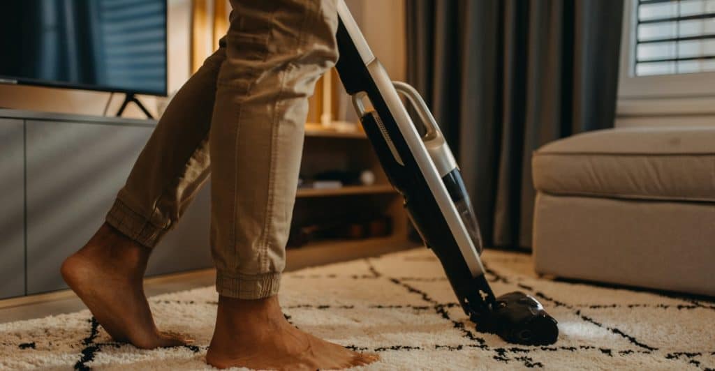 Legs and feet of a person using a stick vacuum cleaner on a fluffy white rug with a black pattern, showing the person's bare feet.