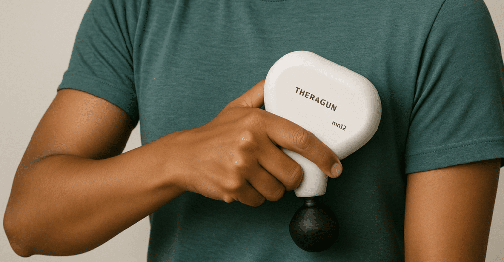 A person with dark skin wearing a green shirt holding and using a white Theragun Mini 2 on their shoulder.