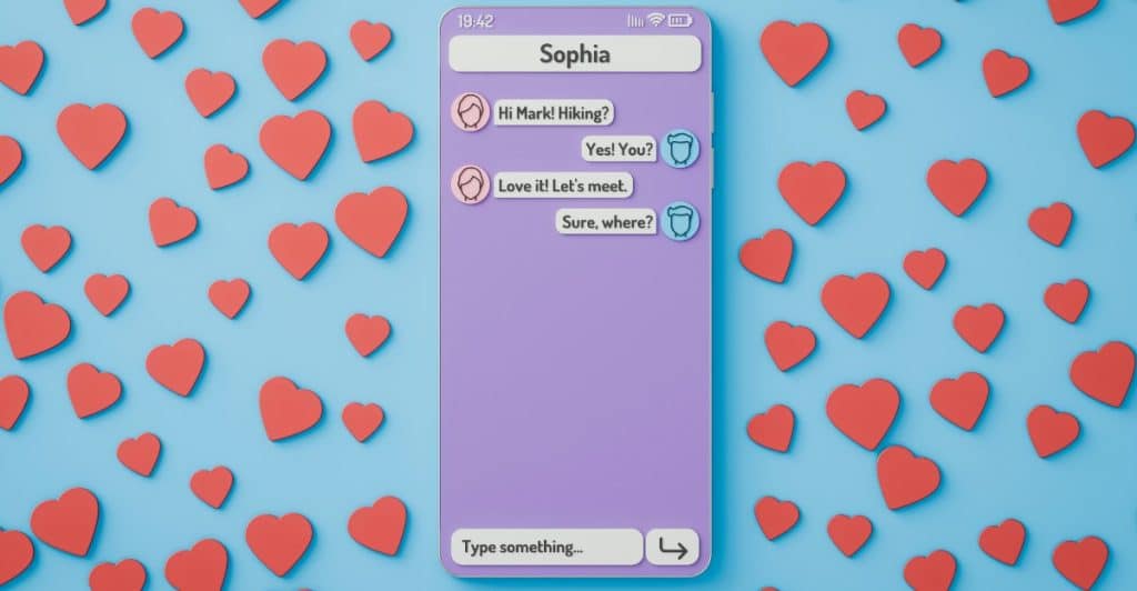 A smartphone screen shows a text message conversation between "Sophia" and "Mark" on a purple background, surrounded by scattered red heart icons.