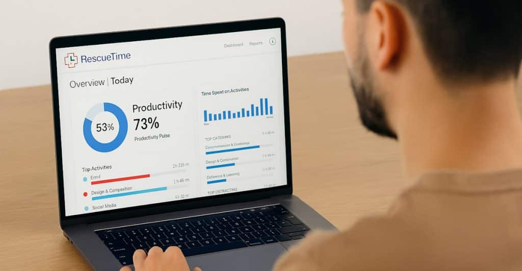 A person looking at a laptop screen displaying the RescueTime dashboard with productivity statistics.