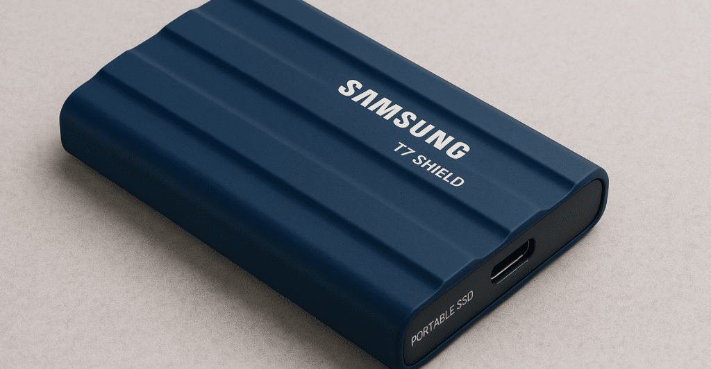 An angled top-down view of a dark blue Samsung T7 Shield Portable SSD on a gray surface.