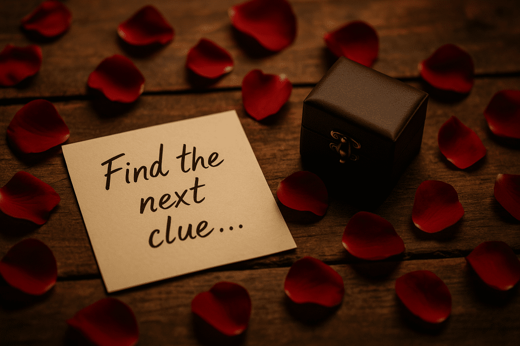 A note that says "Find the next clue..." next to a ring box and rose petals.