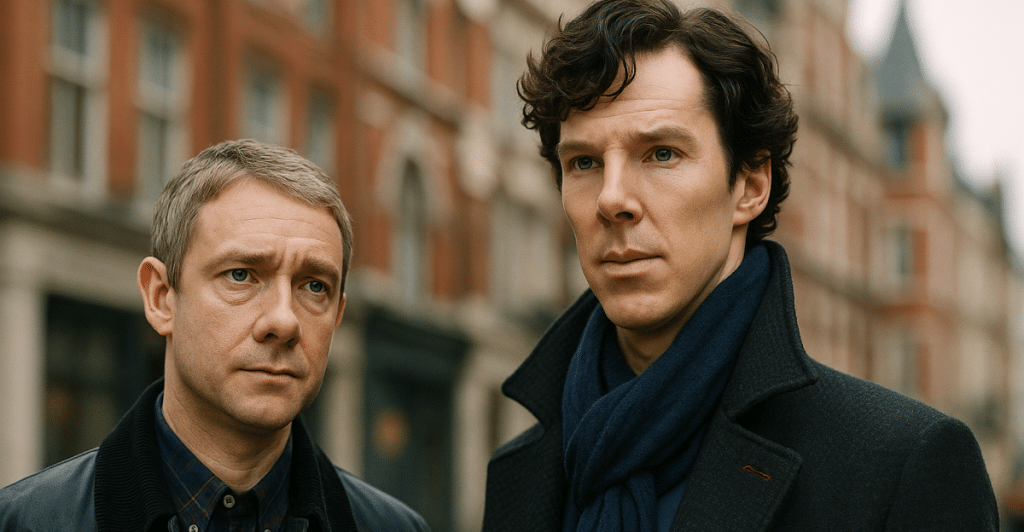 Two male characters from "Sherlock" standing on a city street.