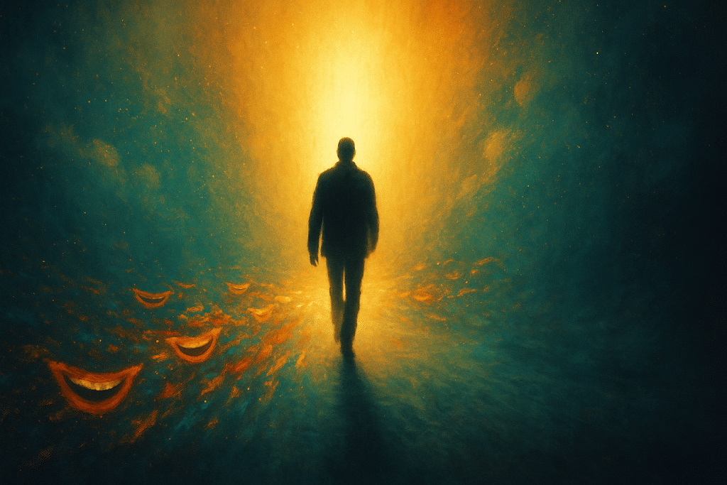 A silhouetted figure walks away from the viewer towards a bright, glowing light with several stylized smiling faces at the bottom.