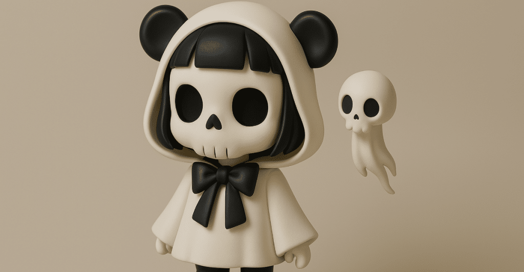 A Skullpanda figurine with a black and white outfit and a skull face, accompanied by a small ghost figure, on a simple base.