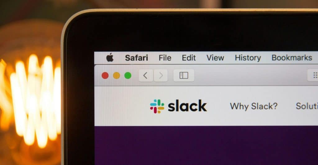 Close-up of a computer screen showing the Slack website interface.