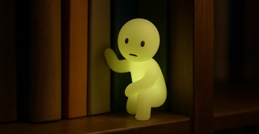 A small, glowing yellow figurine with a simple face, crouching and peeking out from behind a row of books on a shelf.