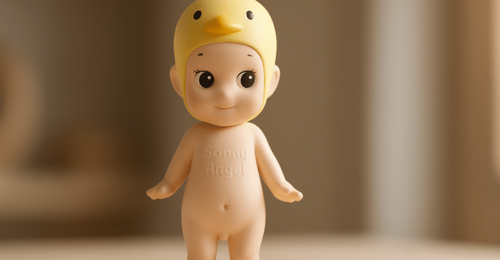 A nude figurine with large eyes and a yellow duck headpiece, standing on a light wooden surface.